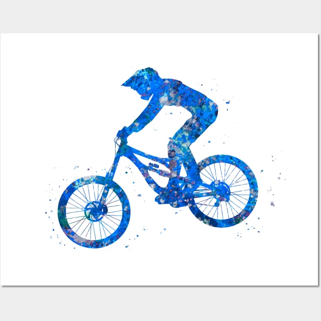 Downhill mountain bike jump blue watercolor Wall Art by Yahya Art